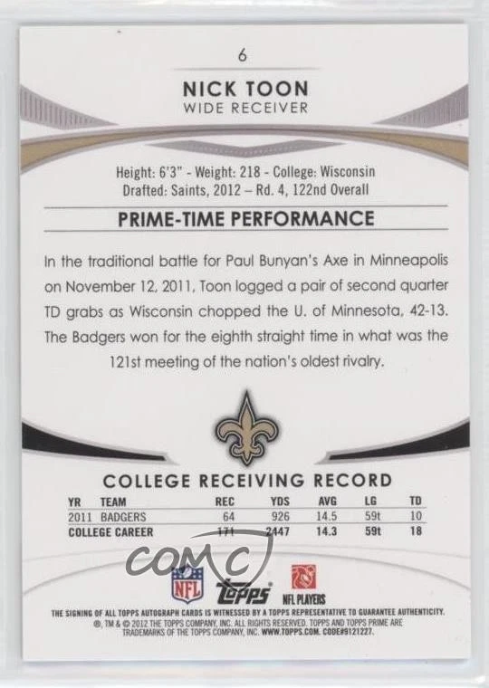 2012 Topps Prime Copper Rookie Auto /99 Nick Toon #6 Auto RC - Image 2 of 2