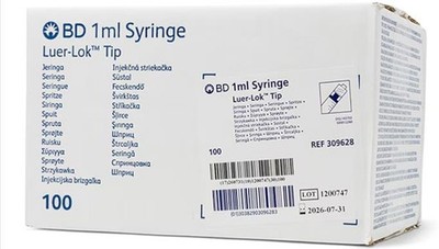 BD Syringe 1 mL Luer-Lok tip STERILE Box of 100 #309628 Brand New EXP.08-2030