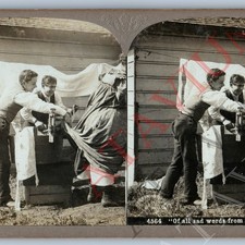 1900 Comic Men Lift Up Girl's Dress w/ Clothes Wringer Real Photo Stereoview V44