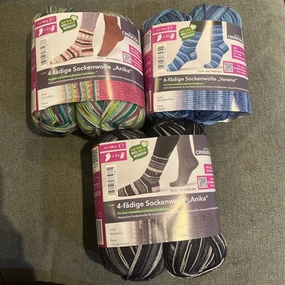 Crelando ‘Anika’ & ‘verena’ sock Yarn 75% virgin wool 4ply x 3 packs