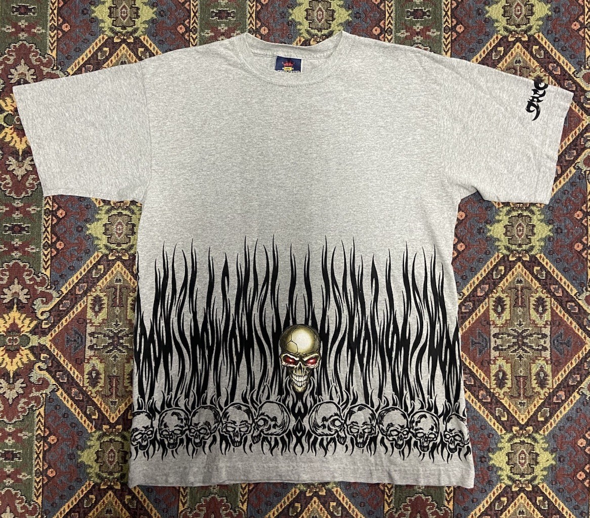 Vintage 90s Y2K Jnco Jeans T-Shirt Short Sleeve Skull Tribal Gray