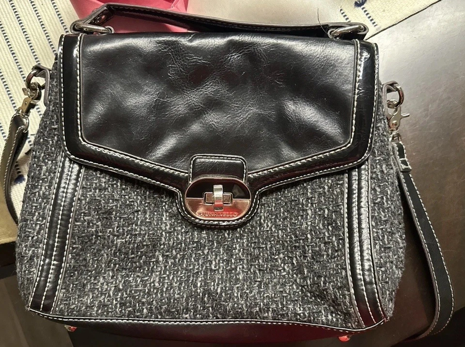 TIGNANELLO Tweed Bandolera Bolso de Mano Tela Tejido Negro Cartera Hombro De Colección Foto 2 de 4