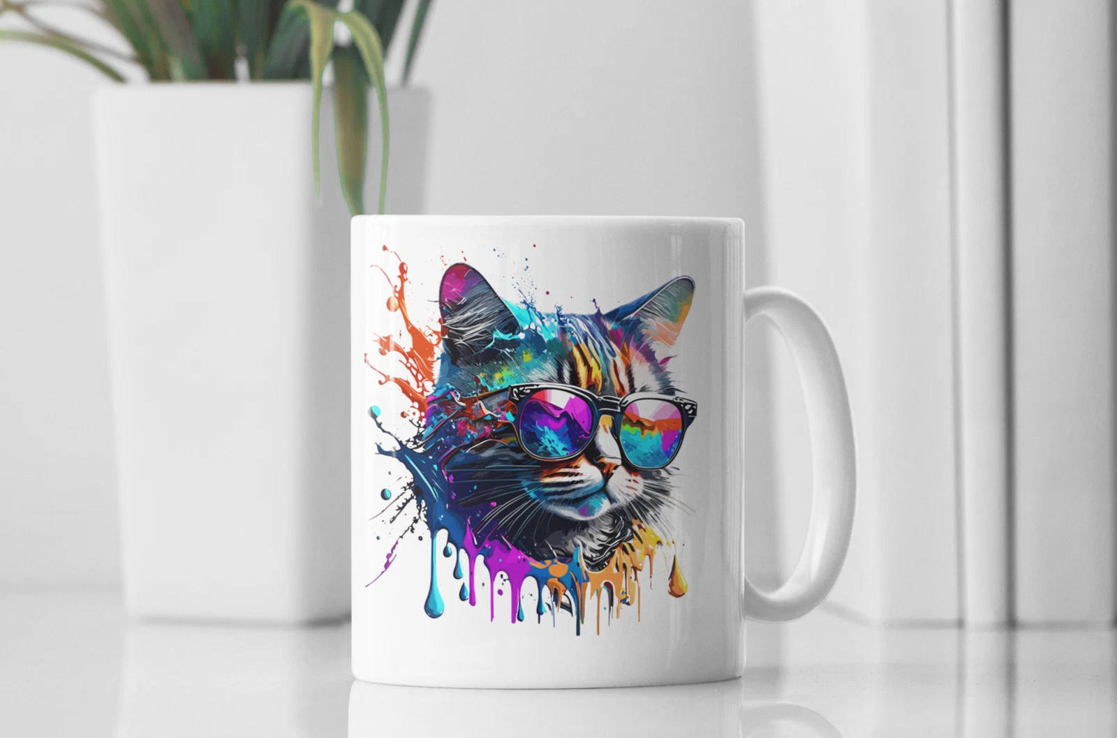 Cool Cat Art Gift Set, T-Shirt, Mug and Tote Bag, Watercolor Splash Design White image 6