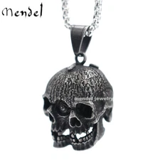 MENDEL Gothic Mens Biker Skull Pendant Necklace Men Stainless Steel Chain Silver