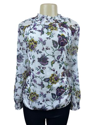Ann Taylor Women s White Multicolor Floral Pattern Long Sleeve Shirt Sz L - New