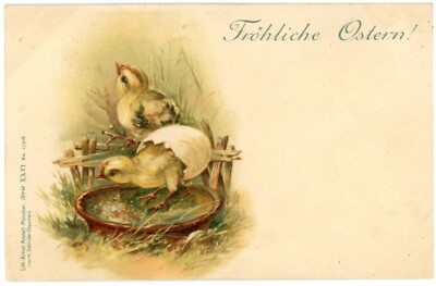 Easter Greetings Chicks Hatching Egg German Undivided Back Postcard c1905 Unused