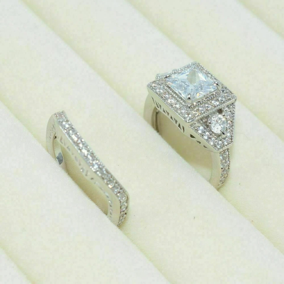 3Kt Prinzess Diamant Halo Hochzeit Ring Braut Set Verlobungsring Weißgold-Finish - Bild 4 von 4