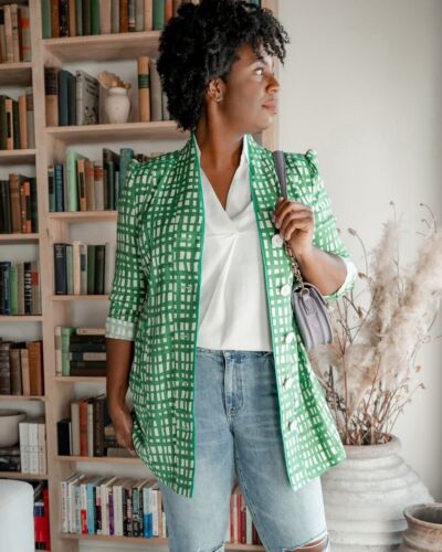 CABI Circuit Jacket Linen Blend Green/White Sz M Style #6025 EUC