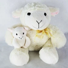 Hunson Trading Mama Lamb & Baby Lamb Plush Stuffed Animal Yellow Ribbon 10.5"H
