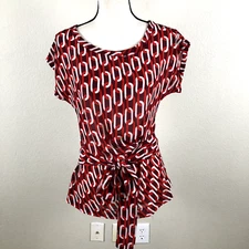 Banana Republic Shirt Women Small Red Chain Print Ruched Tie Fashion Trending
