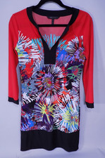 BCBG Max Azria Red Dress XS Tye Dye Print Black Trim 3/4 Sleeve Patterned Hayden