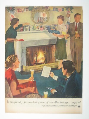 1953 Vintage Print Ad Holiday Party Christmas Fireplace Beer Ale Beverages