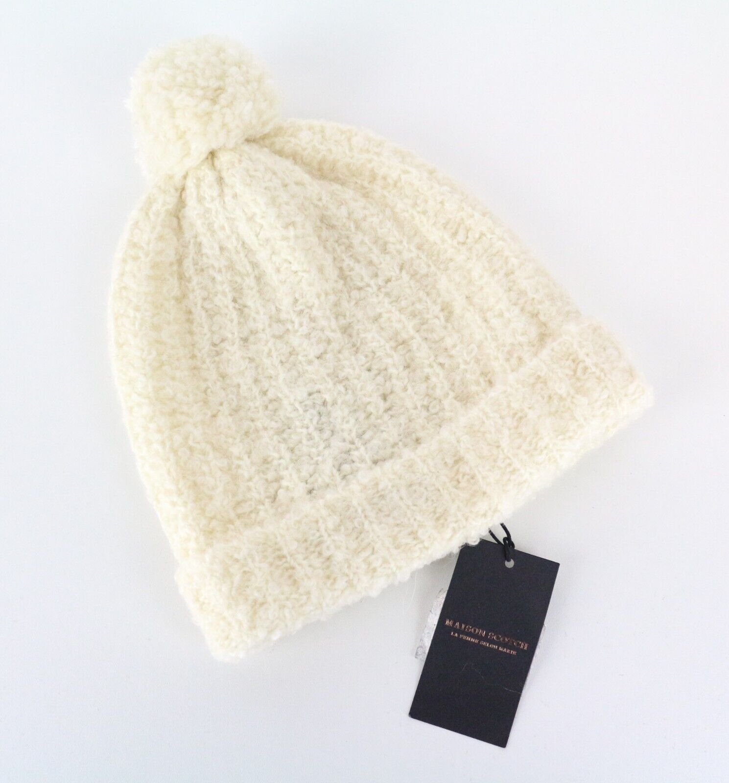 MAISON SCOTCH Women Hat One Size Off-White Beanie Wool Alpaca Teddie Pom