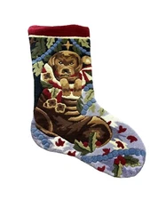 Vintage Finished Latch Hook Rug Wall Hanging Christmas Puppy Stocking Shaped EUC