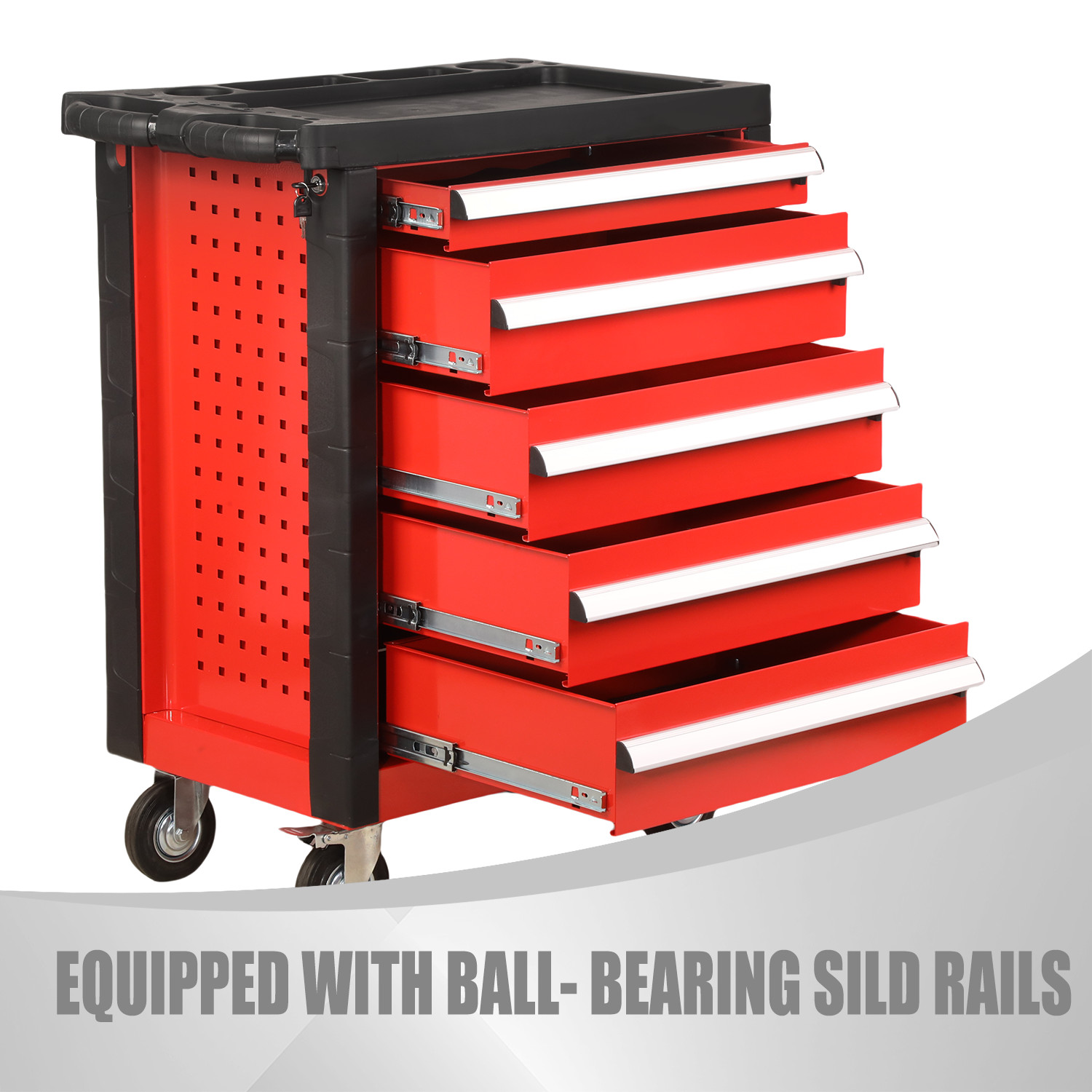 Rolling Tool Trolley Chest Storage Cabinet Cart With Key Handle 5-Drawer Red