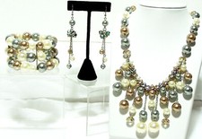SET New NECKLACE, Bracelet, EARRINGS with Dangles Silver Tone, Crystals, Pearls
