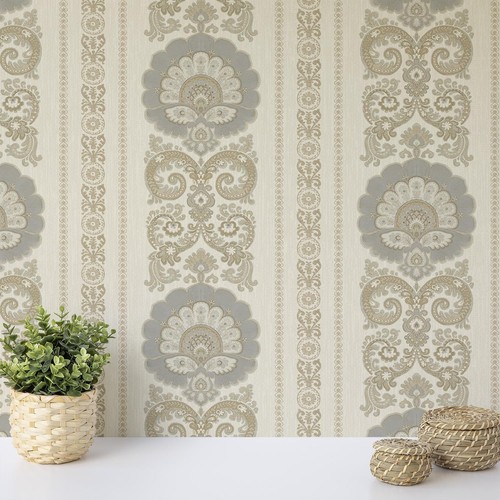 Wallquest Vintage Damask Grey Wallpaper Classic Traditional Acrylic Coated - Picture 2 of 5