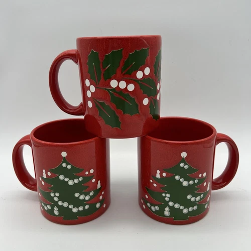 WAECHTERSBACH Red Ceramic Mugs/Cups 2 Christmas Tree & 1 Holly / West Germany