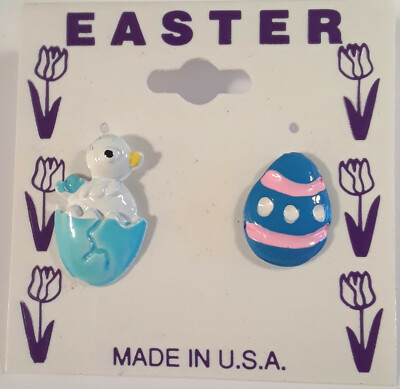 Easter Duo Two Lapel Pins on Card; Chick in Egg & Egg Made in USA By OSC NEW