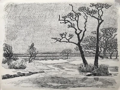 Zeichnung Feder Winterlandschaft Dänemark Romsø mit Greifvogel Schnee 42 x 32 - Bild 1 von 4