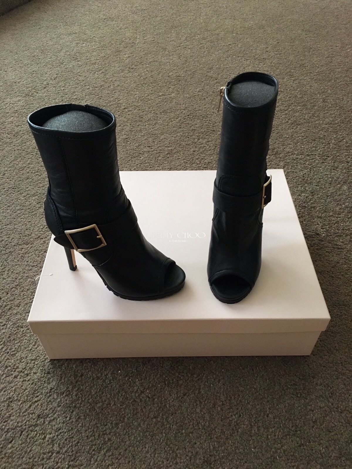New Jimmy Choo Deja Deja Deja Black Biker Leather Peep Toe Boots Size 34.5 29cac0 New Jimmy Choo Deja Deja Deja Black Biker Leather Peep Toe Boots Size 34.5 29cac0