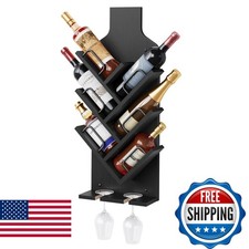 FAVOOSTY Wine Rack Wall Mounted for 6 Wine Bottles Black with Glass Holder