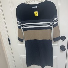 Calvin Klein Small Black Gray Tan Ivory Striped 3/4 Sleeve Women Sweater Dress M
