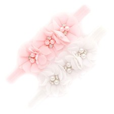 Girl Flower Headband Pair Toddler Fabric Beaded Trio Stretchy Elastic Pink/White