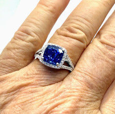 3.11 Carat Cushion Cut Tanzanite  Diamond 14k WG Ring w/Card Appraisal 7-7 1/4