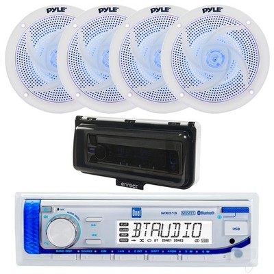 Marine Bluetooth Receiver, 4x 4'' 100W Blue Flashing LED Speakers, Cover (White)