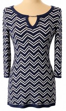 White House Black Market Chevron Striped Knit tunic Top Long Sleeves Blue