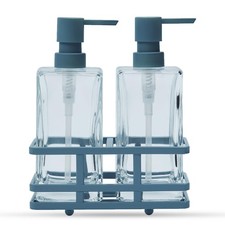 Square 3 Piece Glass Clear Lotion and Soap Pump Dispenser Set with Metal Stan...