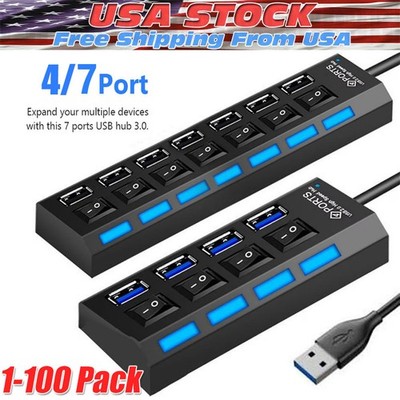 USB Hub 7 Port On/Off Switch High Speed Splitter AC Adapter Cable PC Laptop Lot