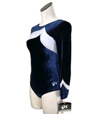 GK Elite VTG Sparkle Competition LS Blue Velvet Inset Gymnastics Leotard Size AM
