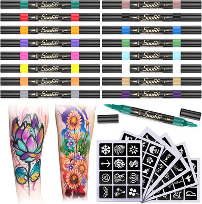 Temporary Tattoo Markers Kit, Dual-End 16 Colors with 80 Stencils for Body Art |