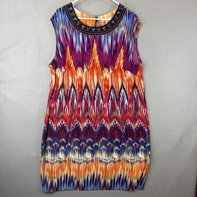Studio One New York Dress Womens 3X Multicolor Tie Dye Beaded Neck Shift Knit