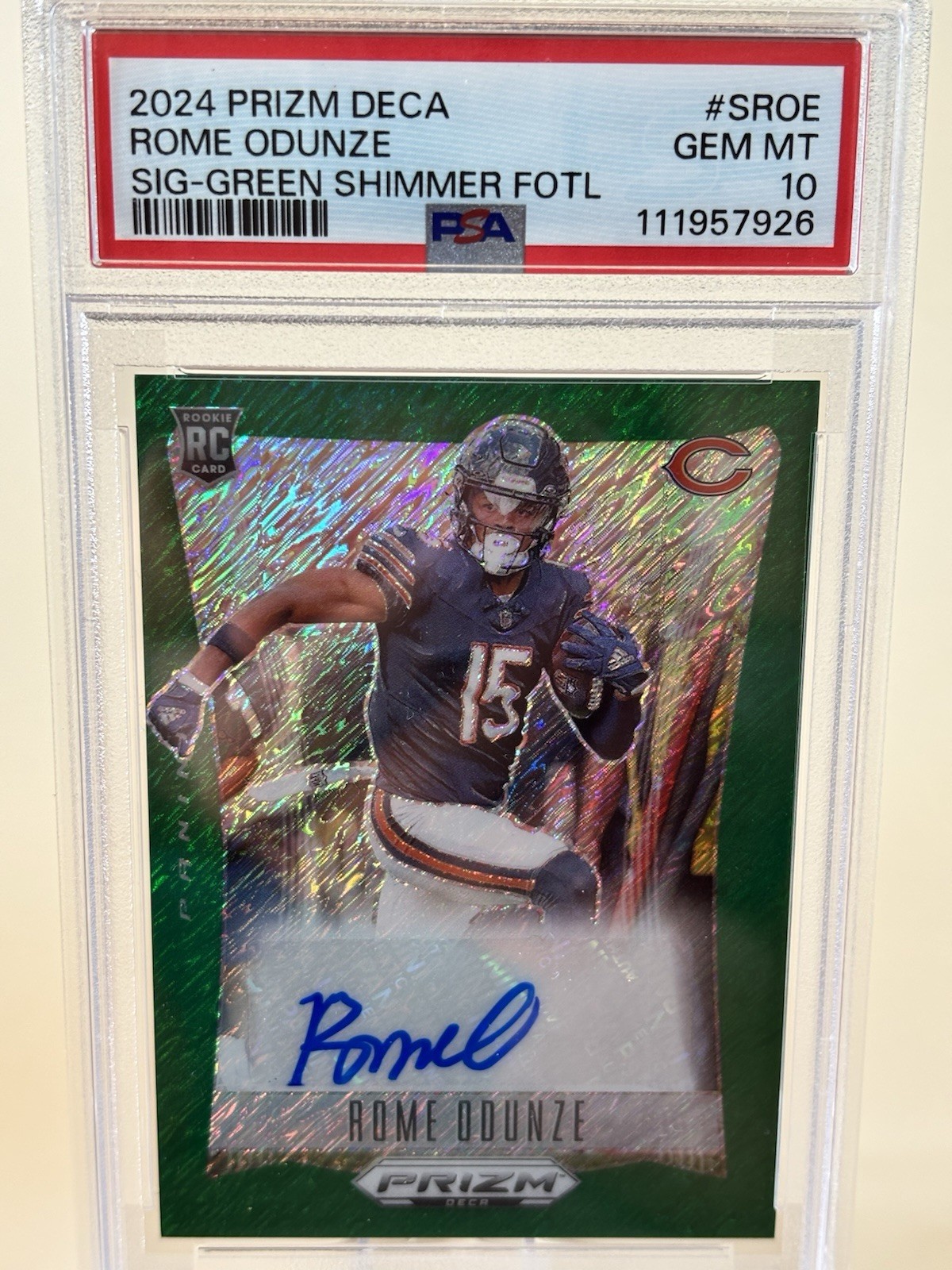 2024 PANINI PRIZM DECA SIGNATURES GREEN SHIMMER FOTL ROME ODUNZE RC 12/25 PSA 10
