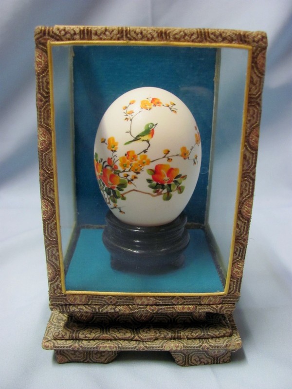 Chinese Hand Painted Egg in Glass Display Case Orange Flowers and Bird Oriental