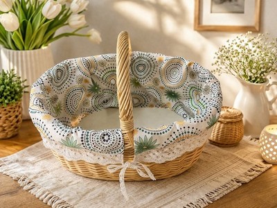 Ovaler geflochtener Korb mit Stoffeinsatz, Korbweide, 41x25x24 cm, Beige