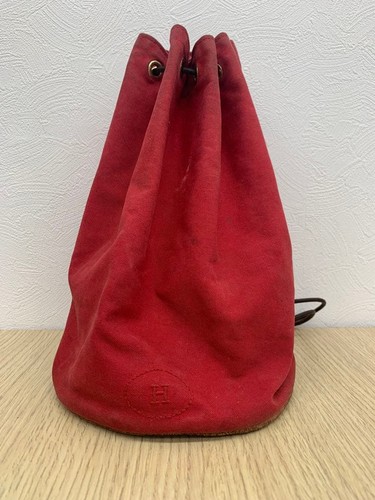 HERMES Canvas Leather Polochon Mimil PM Drawstring Shoulder Bag Red Auth
