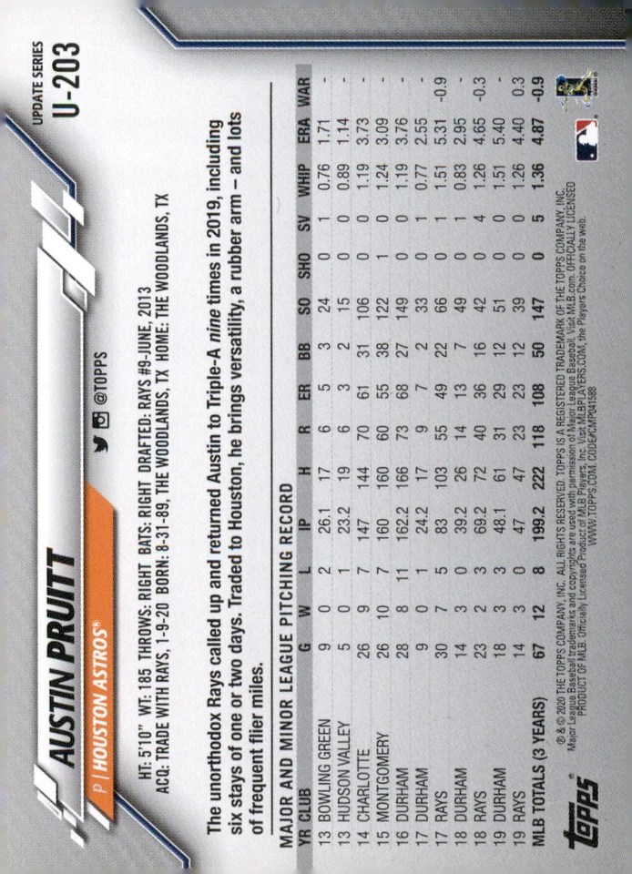 2020 Topps Update #U-203 Austin Pruitt Houston Astros - Image 2 of 2