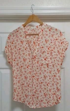 Active Usa Button Up Top Women’s Size Large Beige Orange Floral Short Sleeve 