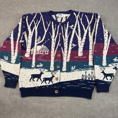 Northern Reflections Vintage Winter Scenic Birch Tree Cardigan Sweater Canada XL