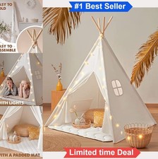 Cotton Canvas Teepee Tent for Kids 47x47x60 with Mat Star Lights Indoor Play