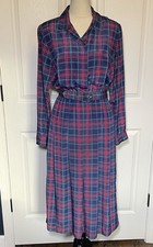 Vintage Talbots Blue Red Green Plaid Silky Long Sleeve Collared Maxi Dress