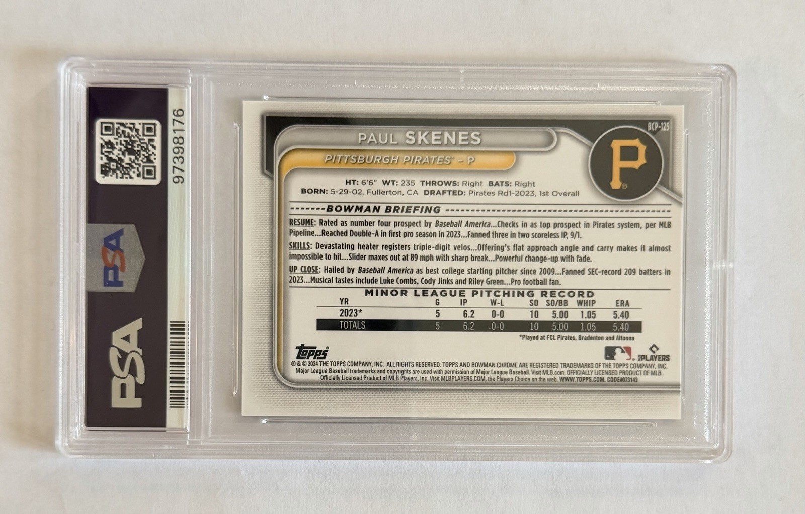 2024 Bowman Chrome Paul Skenes Prospects PSA 9 Pirates Top Prospect BCP-125 view 2