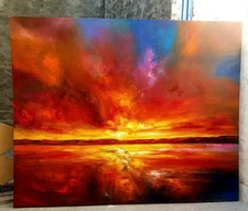 Original sunset oil paint on canvas size 56 by 70 inches , title Sky On Fire