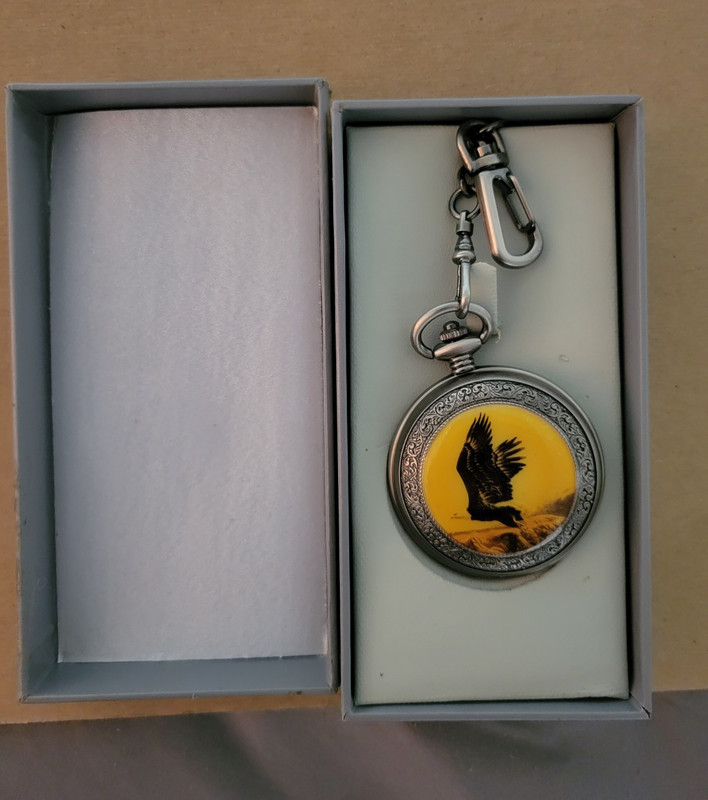 Majesti Quartz Pocket Watch w Chain Phillip Crowe Birds Box Papers *WORKING