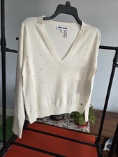 DKNY JEANS Knit Pullover Sweater Ivory Rhinestone V-Neck Long Sleeve Size L