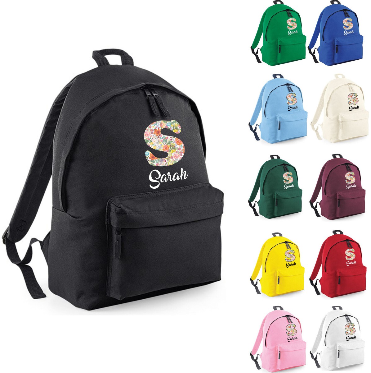 Personalised Initial Name Letter Backpack Floral Pattern Rucksack